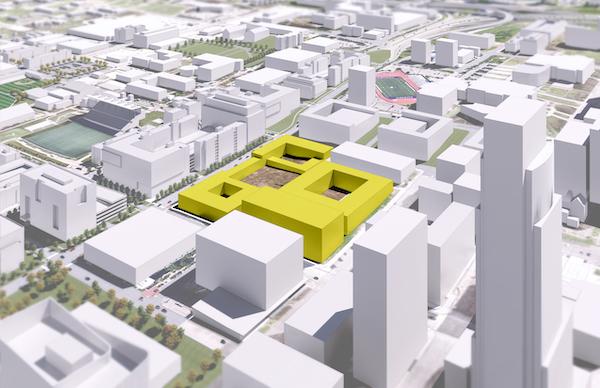 前文娱大礼堂旧址的新发展效果图, with new buildings highlighted yellow.